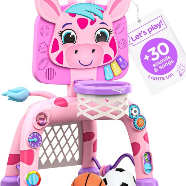 Move2Play, Giraffe Basketball Hoop & Soccer Goal Activity Center | 30+ Sounds & Lights | 1, 2, 3+ Year Old Gift & Birthday Present | 6, 12, 18, 24+ Month Toy For Baby, Toddler, Boys, & Girls