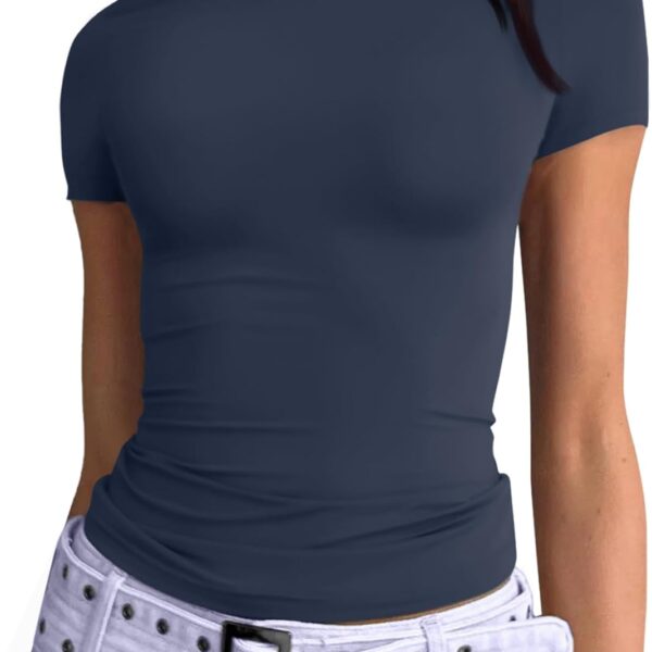 Trendy Queen Womens Basic T Shirts Summer Outfits 2025 Scoop Neck Short Sleeve Crop Tops Slim Fit Tees Y2k Clothing