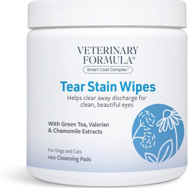 Veterinary Formula Smart Coat Complex Tear Stain Wipes for Dogs & Cats, 100 ct – Gently Wipe Away Debris and Clean Stains Around The Eyes of Pets, Fragrance-Free and Pre-Saturated